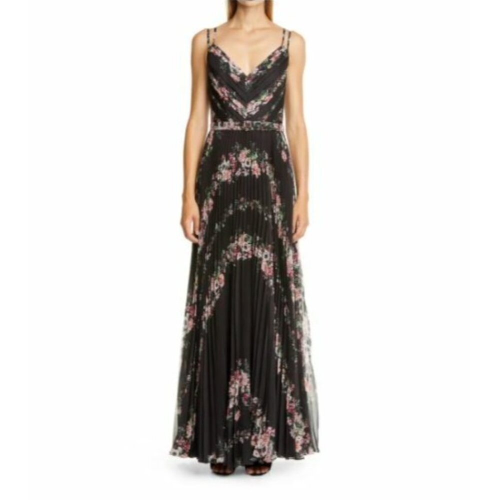 Marchesa Notte Black Floral Sleeveless Pleated Chiffon Gown Dress SZ 0 New